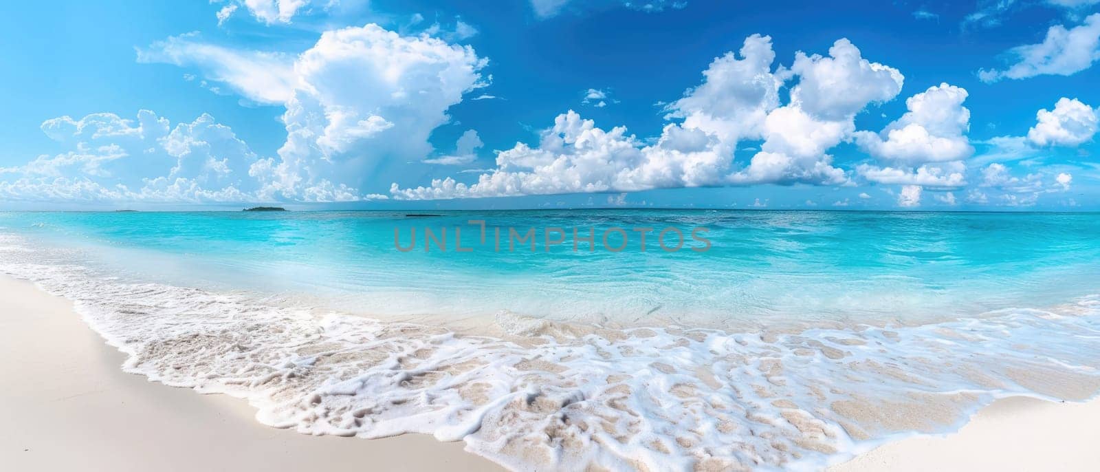 A beautiful blue ocean with white foam on the shore by AI generated image.