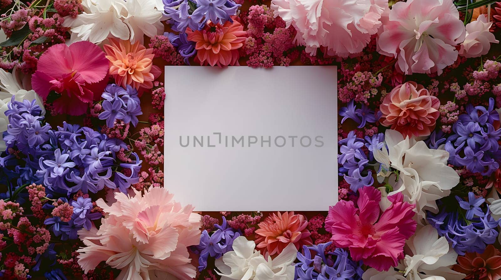 A white card is elegantly framed by a variety of colorful flowers in shades of blue, purple, pink, violet, and magenta, creating a beautiful display of creative arts and natures beauty
