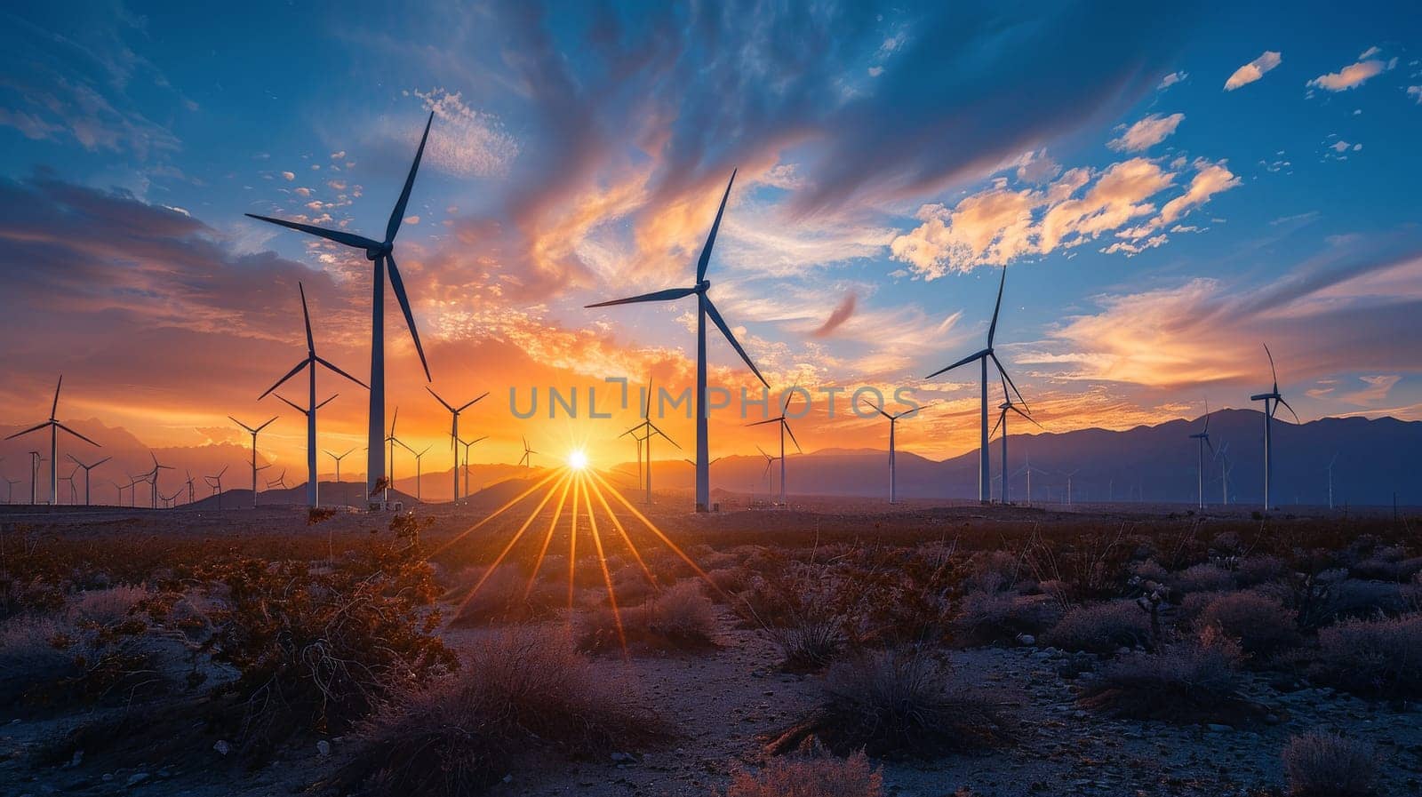 A field of wind turbines with the sun setting in the background.