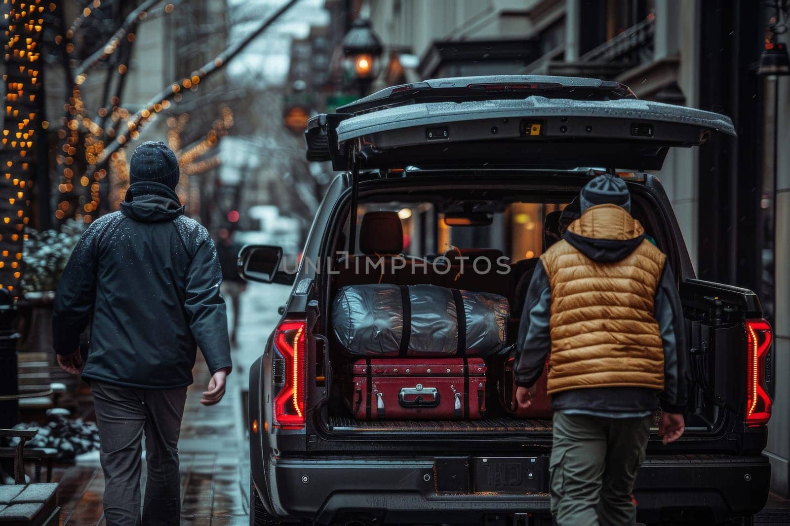Two men are walking out of a truck with luggage. The truck is parked on a wet street