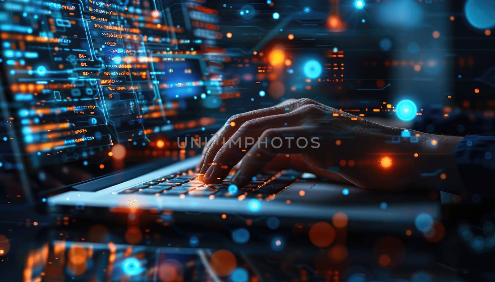 A person is typing on a laptop with a colorful, abstract background by AI generated image.