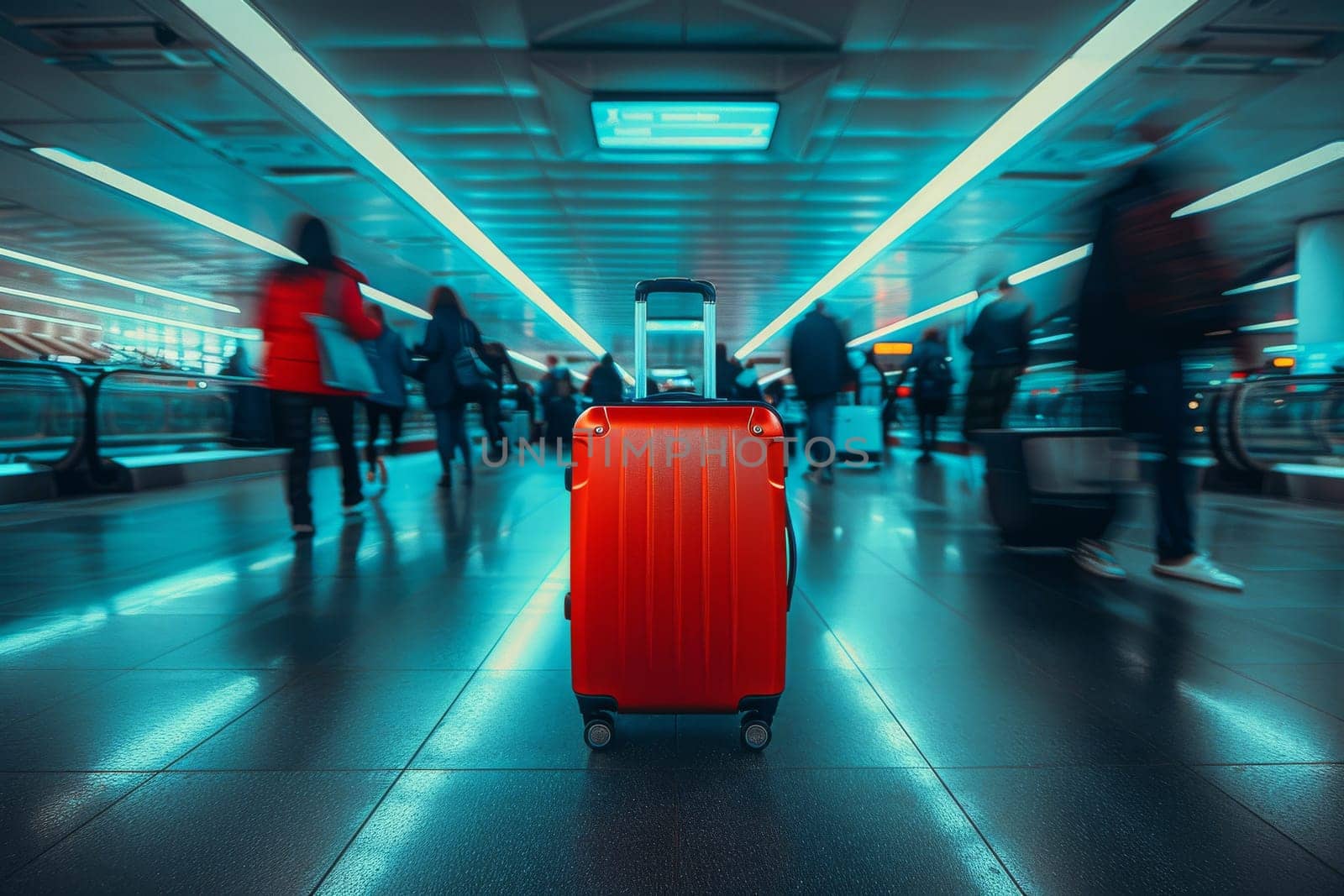 A red suitcase is sitting on the floor in a busy airport by itchaznong