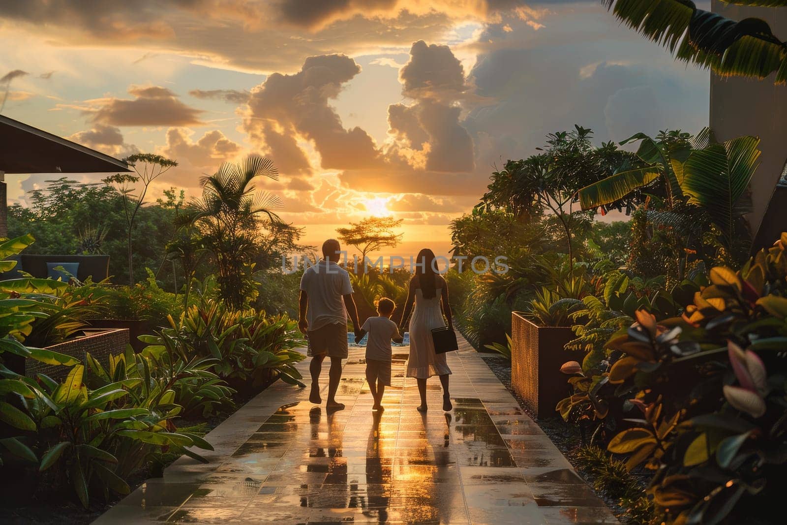 A family walks down a path in a tropical garden by itchaznong
