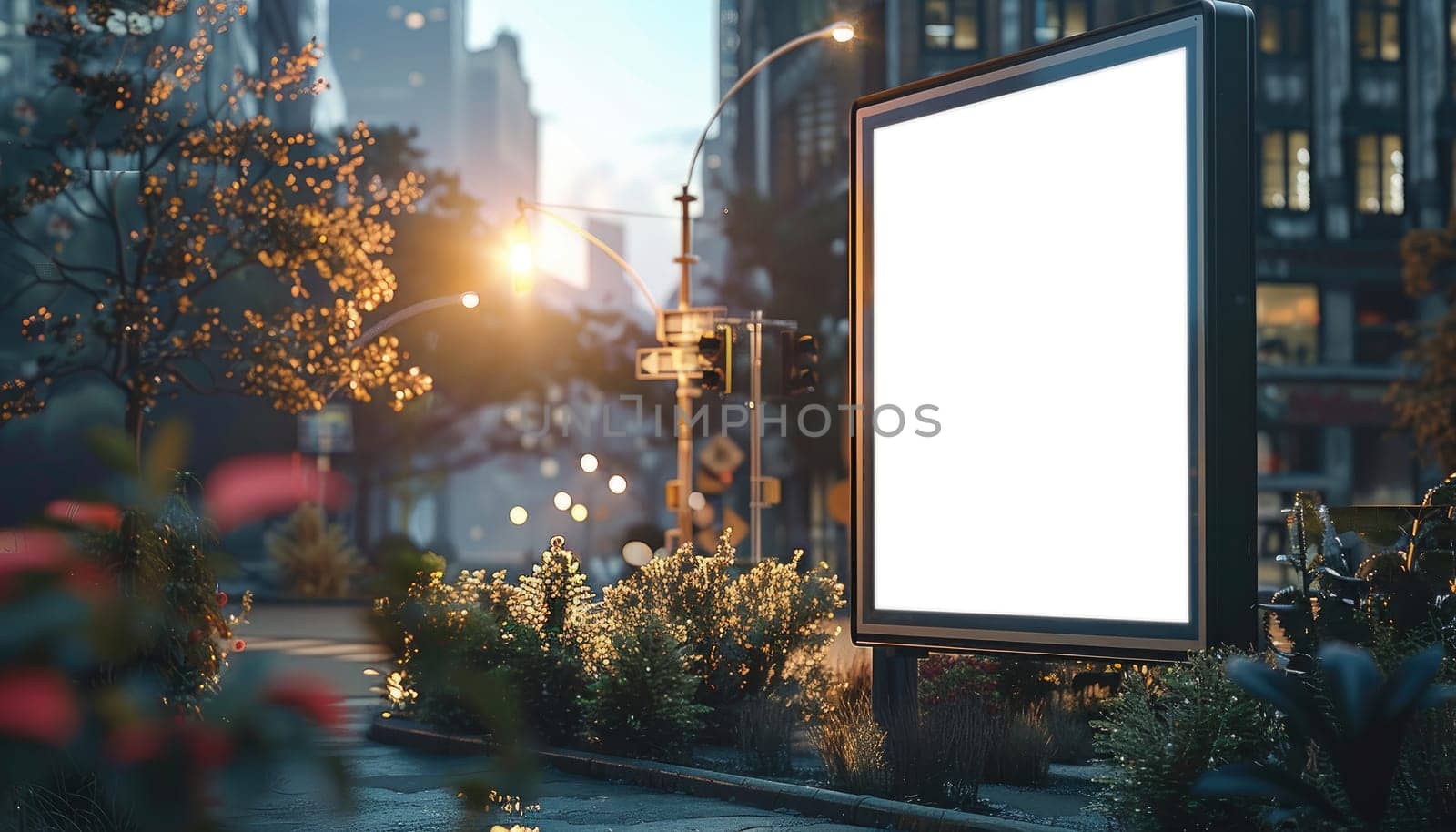 A large white billboard sits on a wet sidewalk in a city by AI generated image.