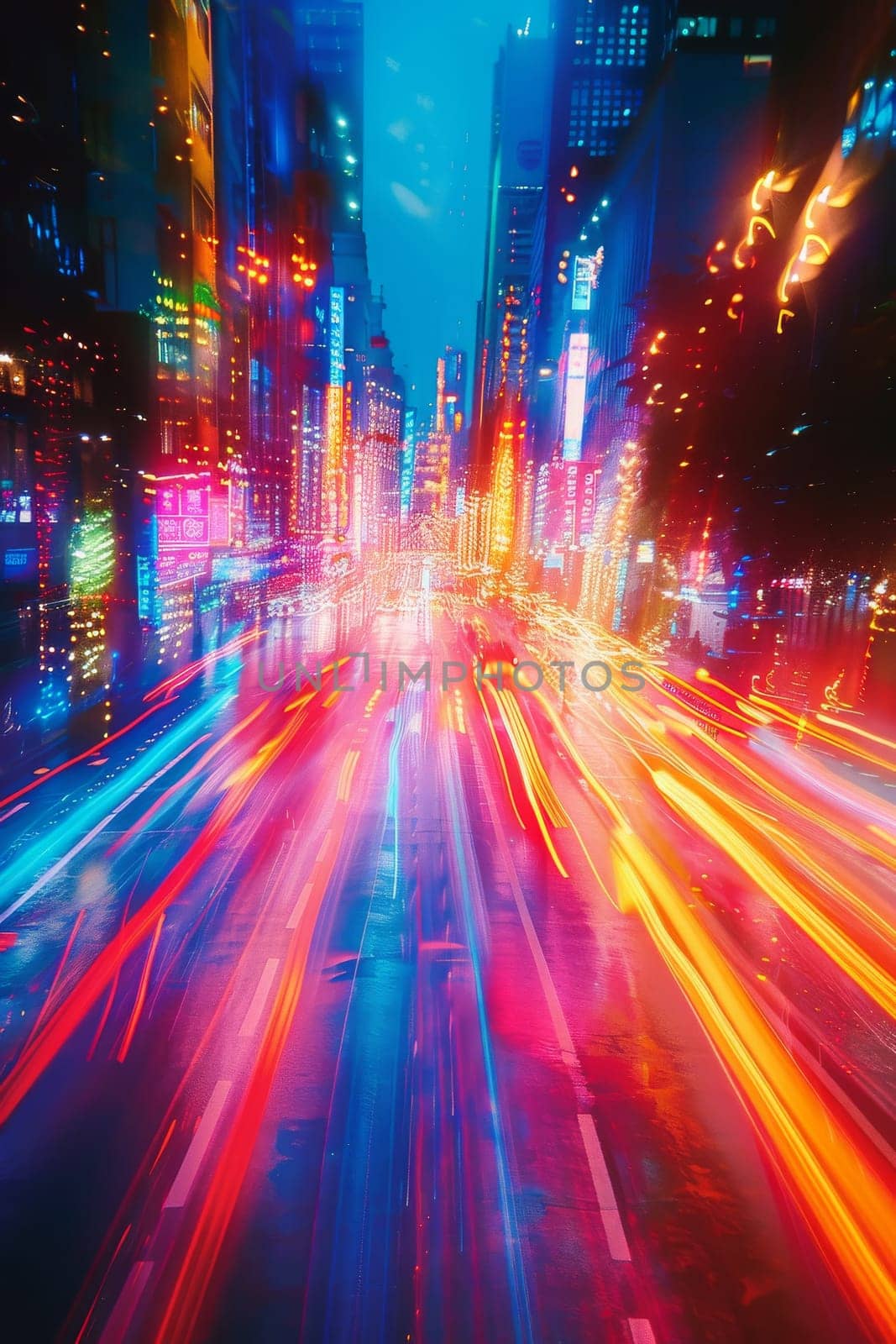 A city street with neon lights and cars by itchaznong