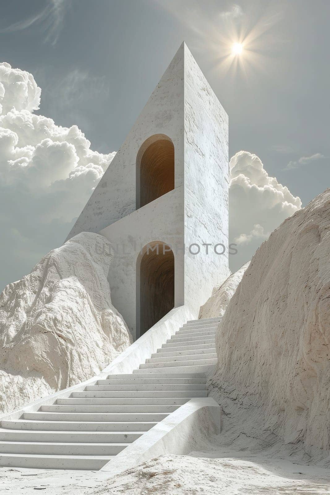 A large geometric with a triangular entrance is surrounded by a cloudy sky. The image has a mysterious and intriguing mood, as the pyramid seems to be a gateway to another world or dimension