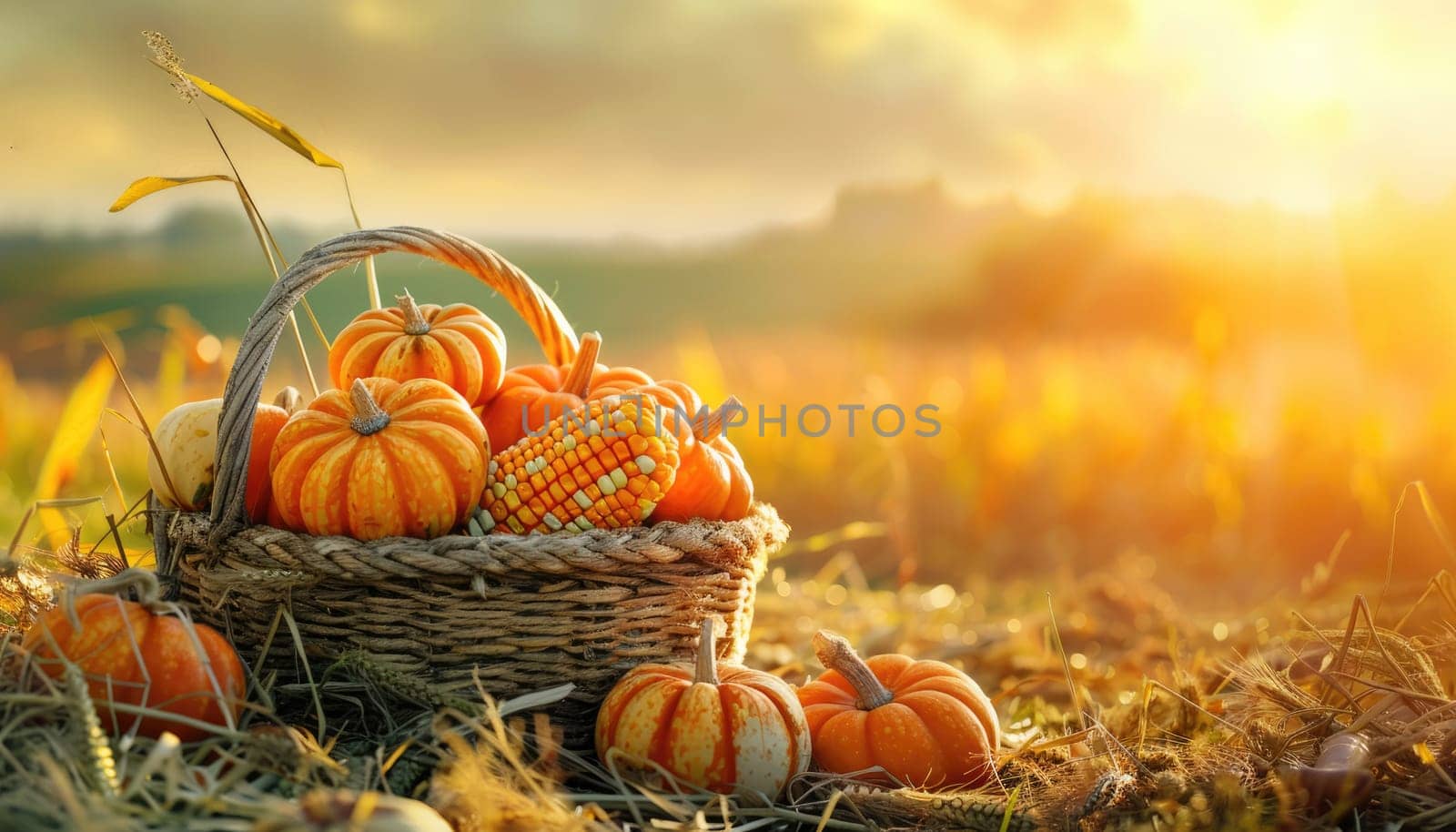 A basket full of pumpkins and corn sits in a field by AI generated image.