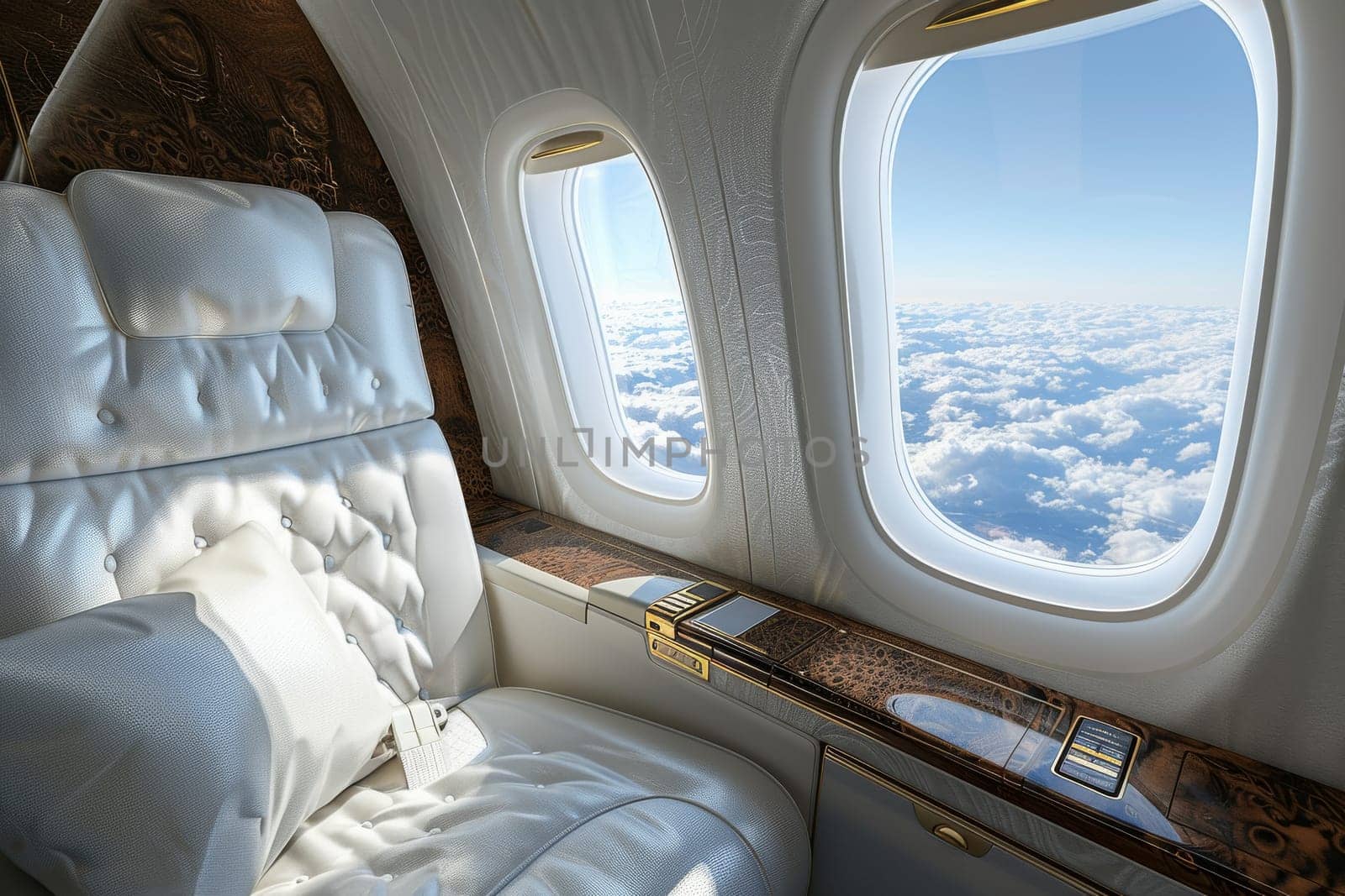 A silver airplane seat with a white cushion and a window in front of it by itchaznong