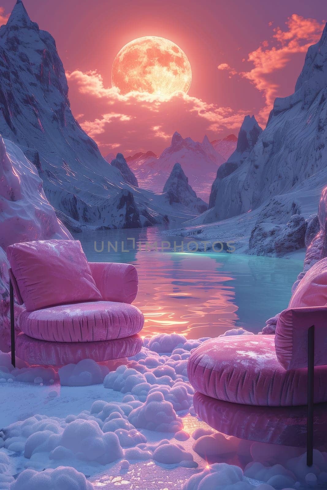 A pink couch is sitting on a table in a snowy mountain valley. The couch is surrounded by clouds and mountains, creating a serene and peaceful atmosphere