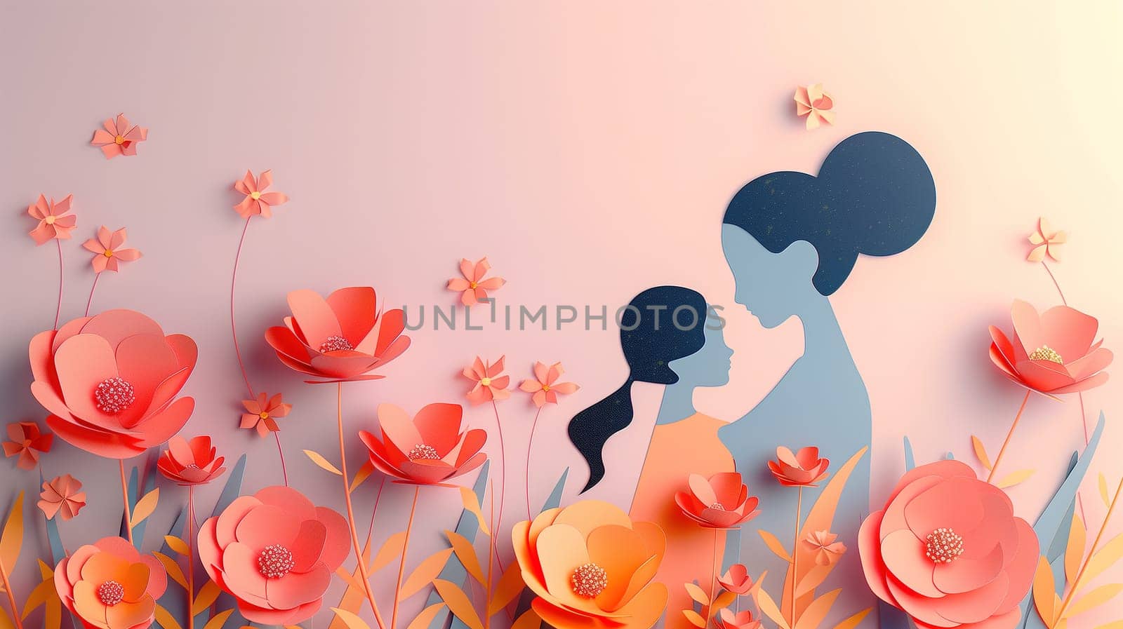 A detailed paper cutout of a mother lovingly holding her child in a vibrant field of colorful flowers. The intricate design captures the bond between the two figures against a backdrop of nature.