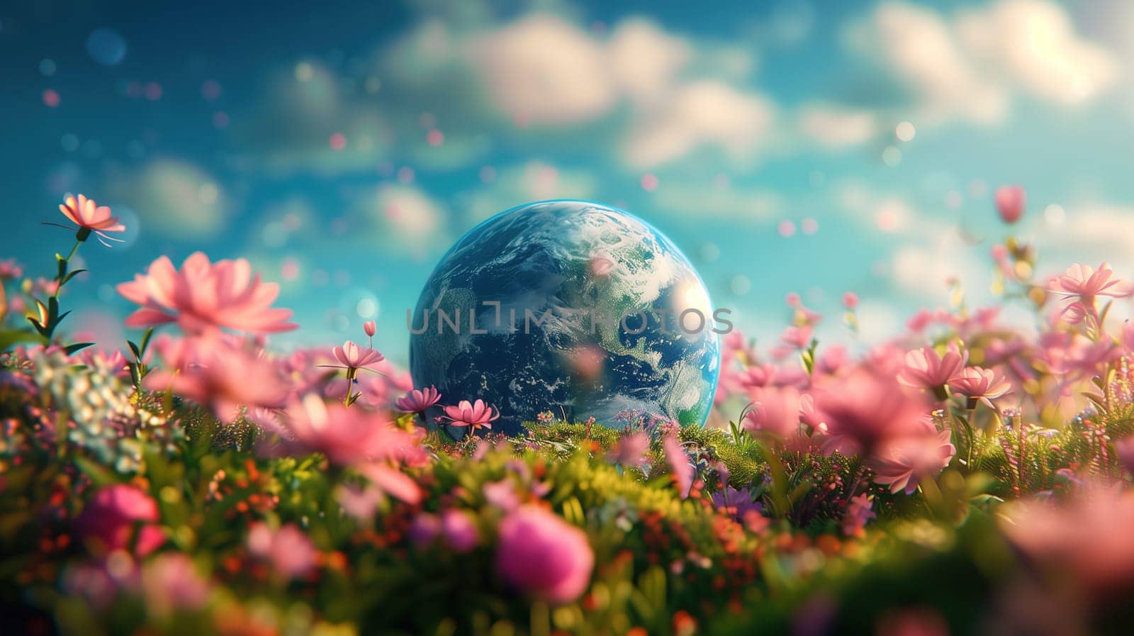 The Earth is placed amidst a field of vibrant flowers, showcasing the beauty of nature on Earth Day. The colorful flowers create a stunning backdrop for the globe.
