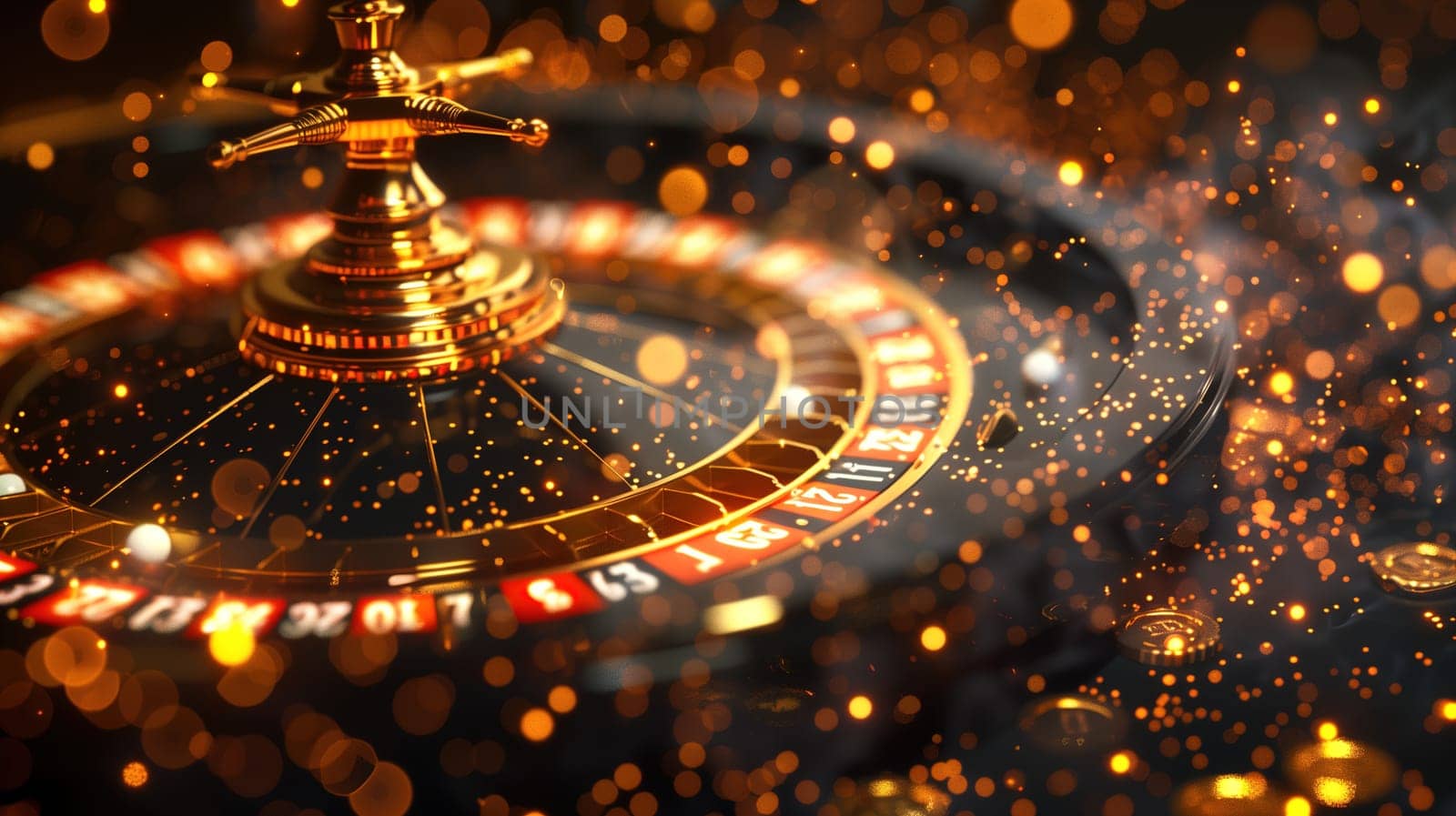Elegant Casino Roulette Wheel in Action Captured With Floating Golden Sparkles by TRMK