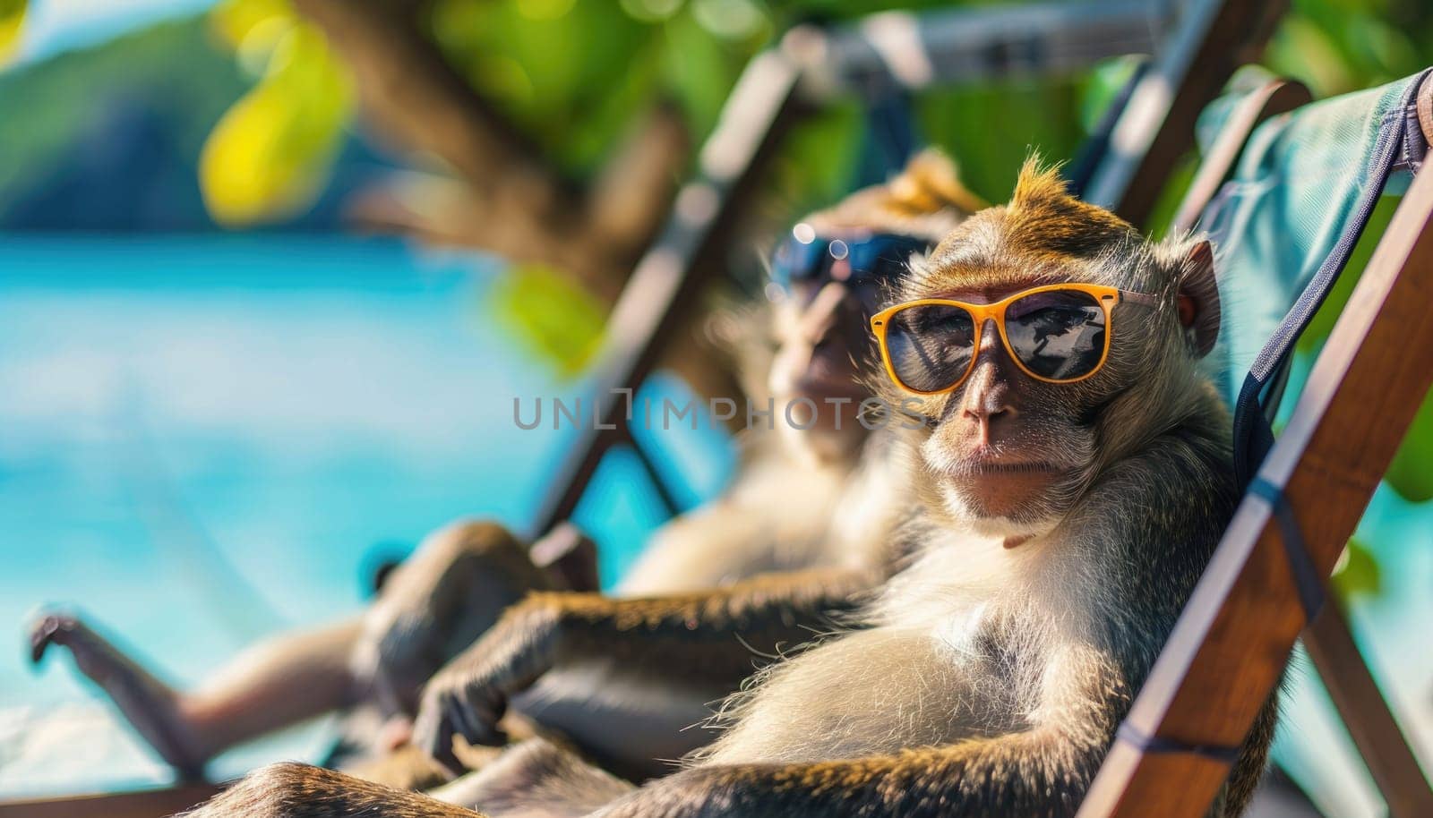 Two monkeys wearing sunglasses are sitting on a beach chair by wichayada