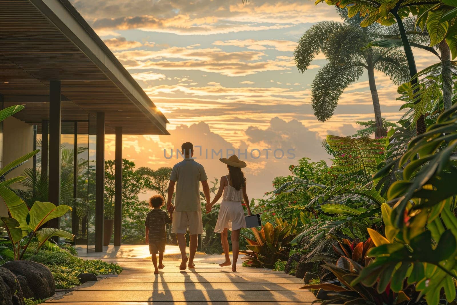 A family walks down a path in a tropical garden. The sun is setting, casting a warm glow over the scene. The family is enjoying a leisurely stroll, taking in the beauty of the garden
