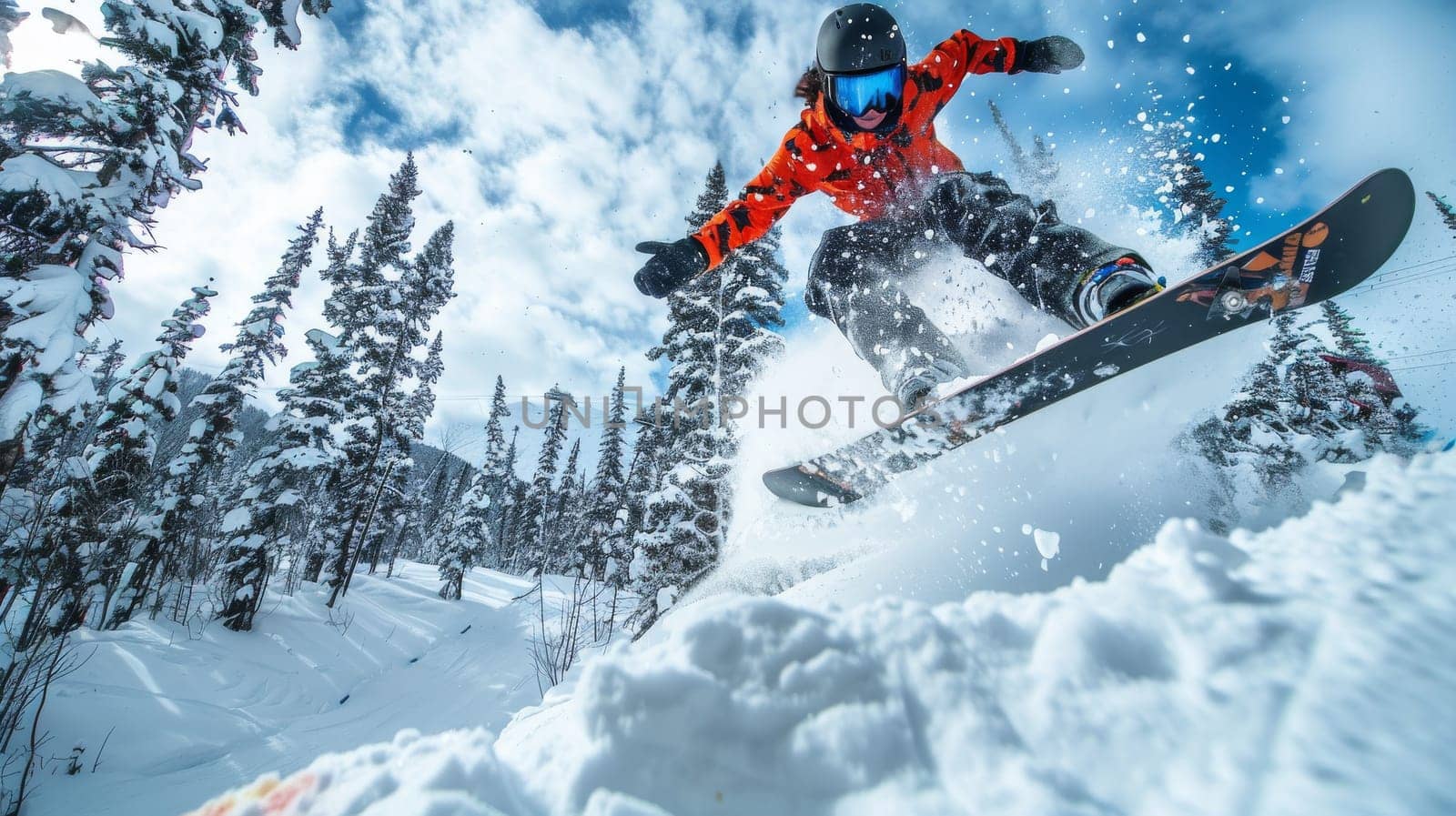 A snowboarder is in mid-air, performing a trick on a snow-covered slope. The image captures the excitement and thrill of snowboarding, as the person skillfully maneuvers their board through the air