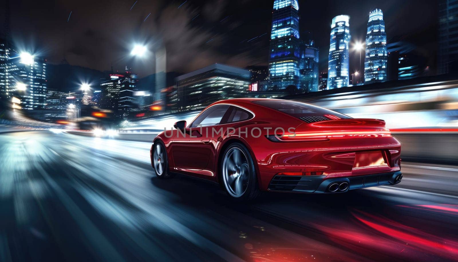 A red sports car is speeding down a city street at night by AI generated image.