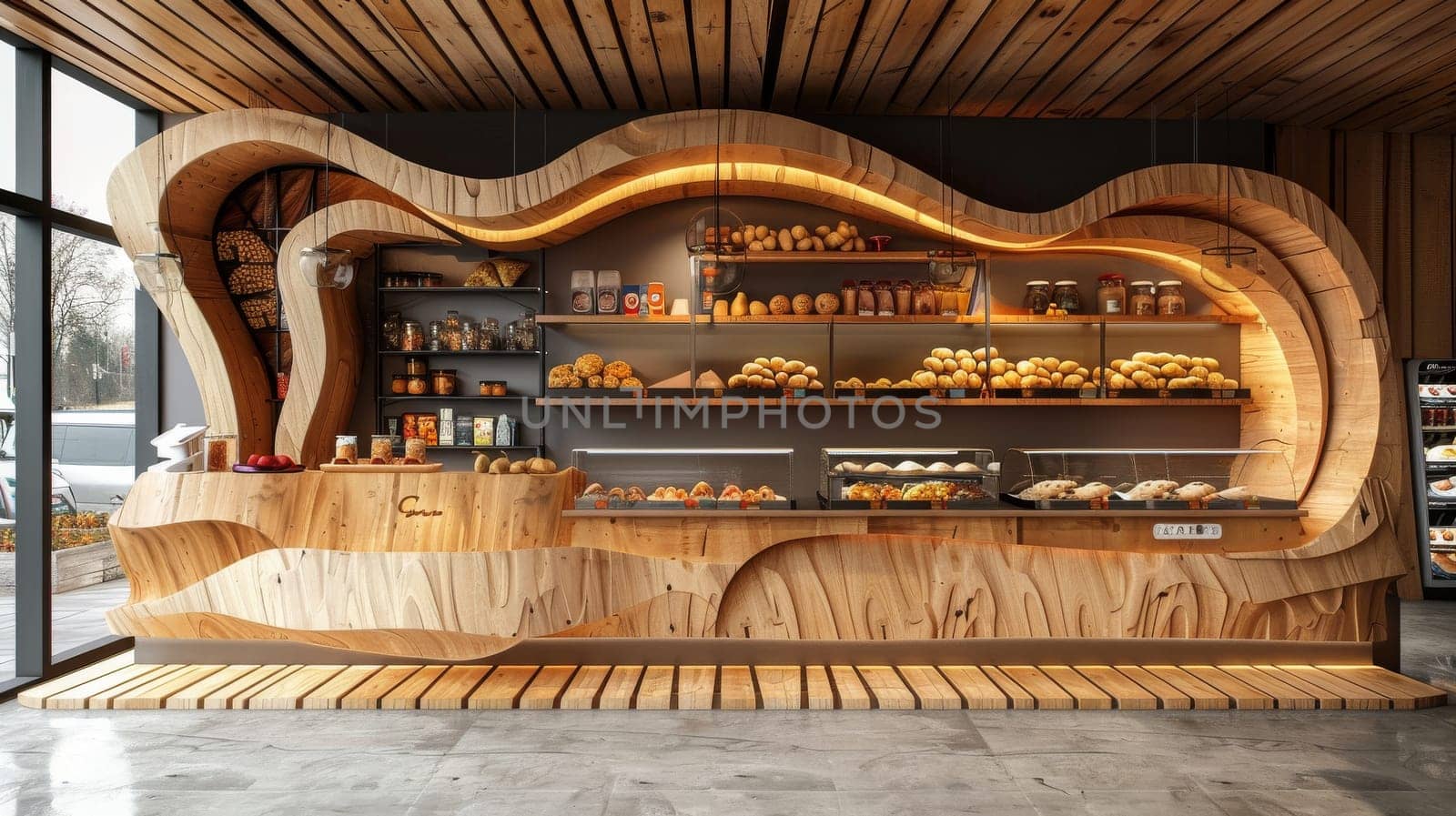 A bakery with a wooden interior and a curved counter. The counter is filled with pastries and bread