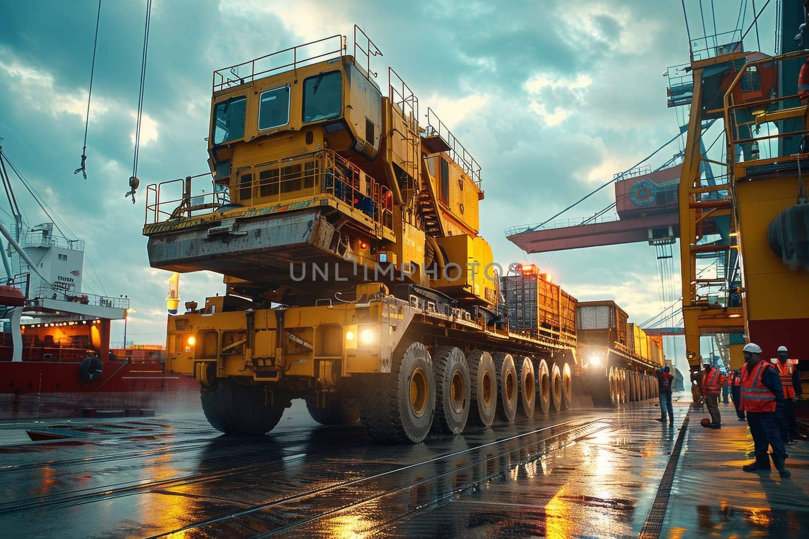 A large red truck is being loaded with a large object in a warehouse by itchaznong