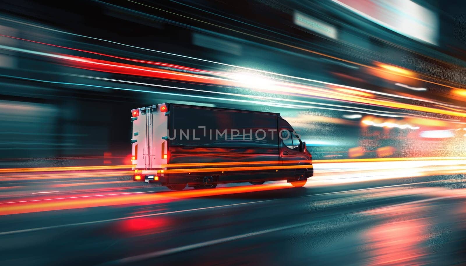 A black van is driving down a street with a blurry background by AI generated image.