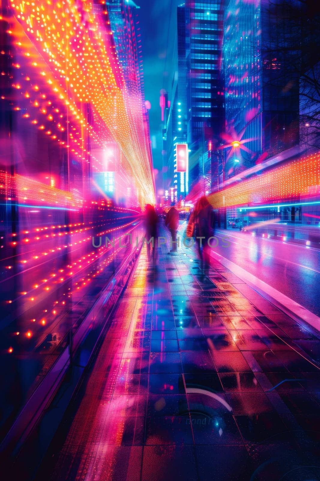 A city street with neon lights and cars. The lights are bright and colorful, creating a vibrant and energetic atmosphere. The cars are moving quickly, adding to the sense of motion and excitement