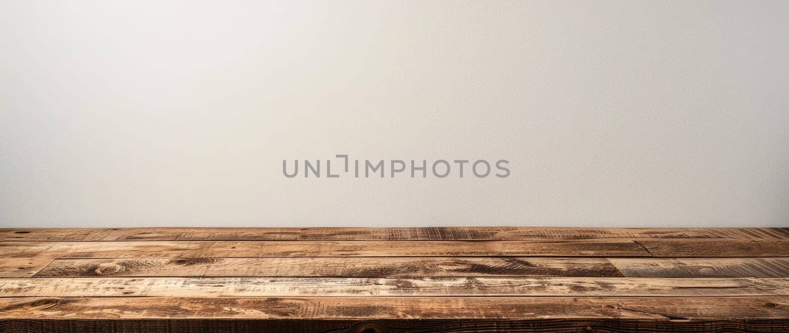 A wooden table with a white wall behind it by AI generated image.