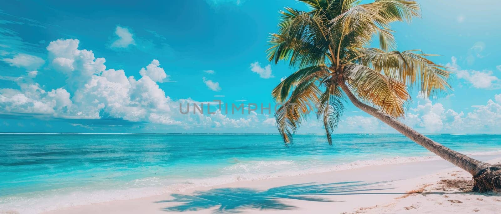 A palm tree is on a beach with a clear blue sky by AI generated image.