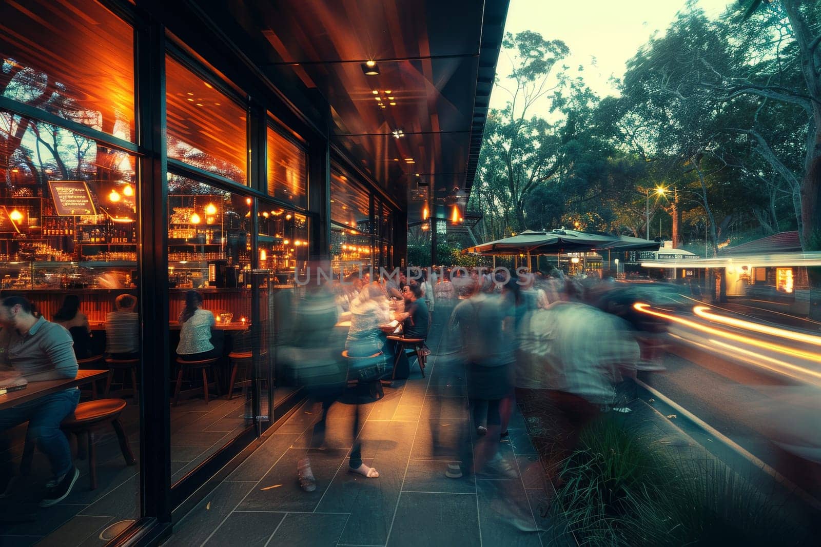 A blurry image of a busy city street with people walking and sitting at tables outside of restaurants. Scene is lively and bustling, with the blurred effect giving a sense of motion and energy