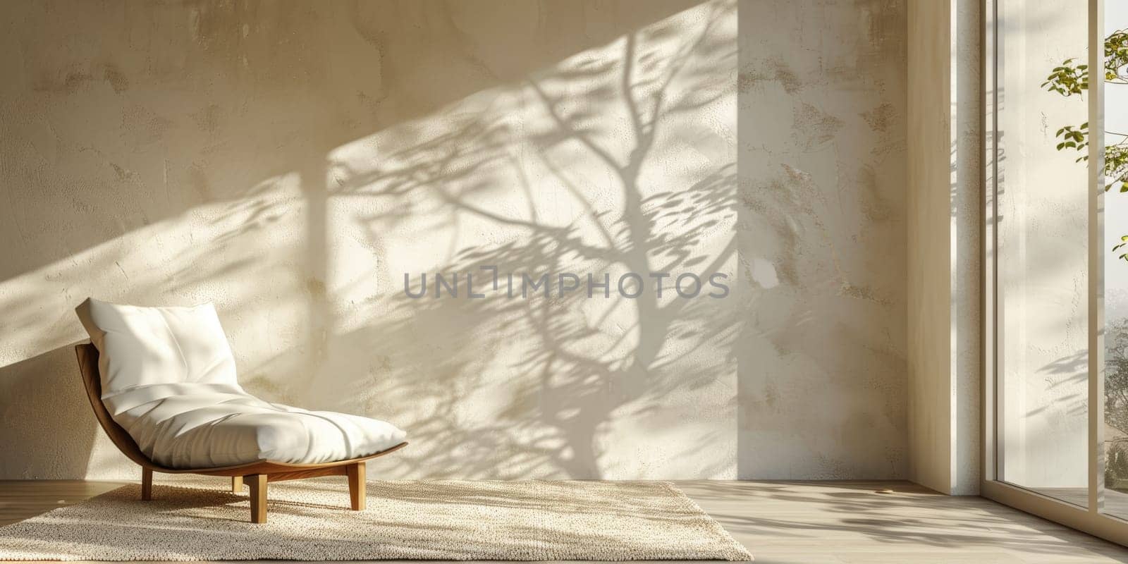 A white chair is in a room with a large window. The room is very clean and has a minimalist design