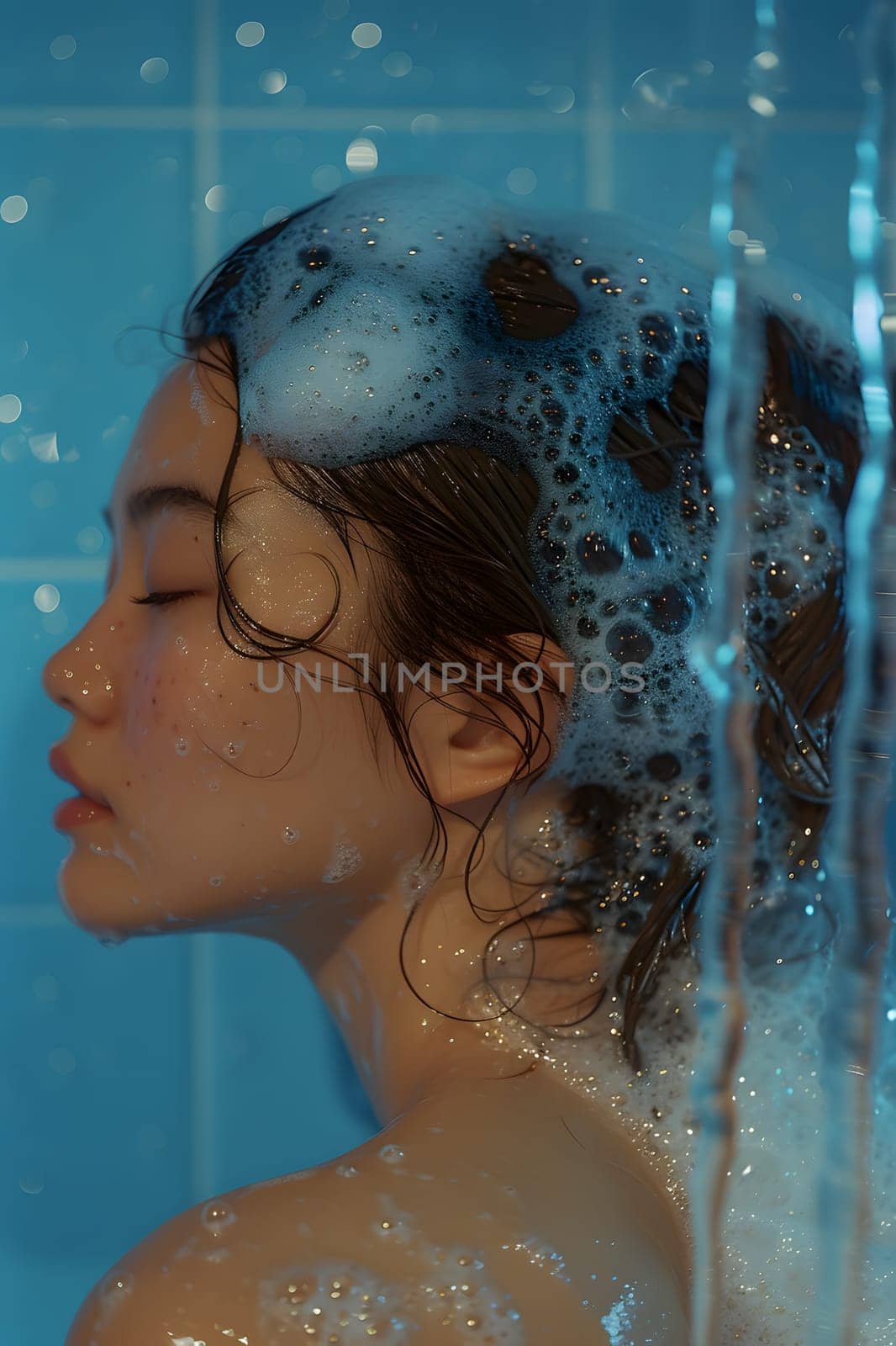 A woman leisurely showers, soap bubbles decorating her hair. Liquid cascades down her jaw, neck, and throat, as water streams over her eyelashes