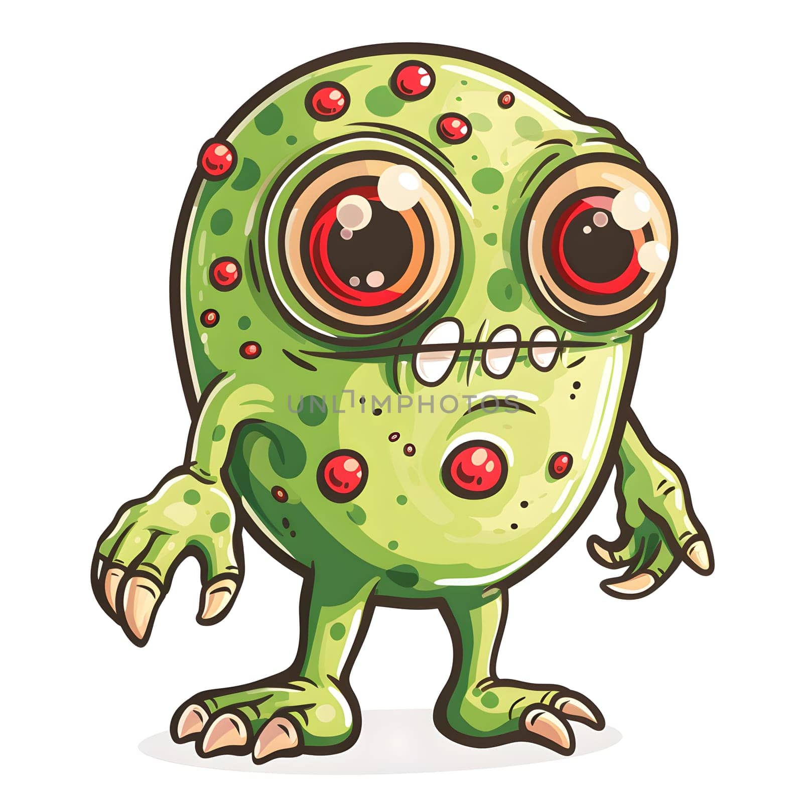A fictional character inspired by a true frog, this green cartoon monster with big eyes and claws stands on a white background. The illustration combines elements of art and amphibian organisms