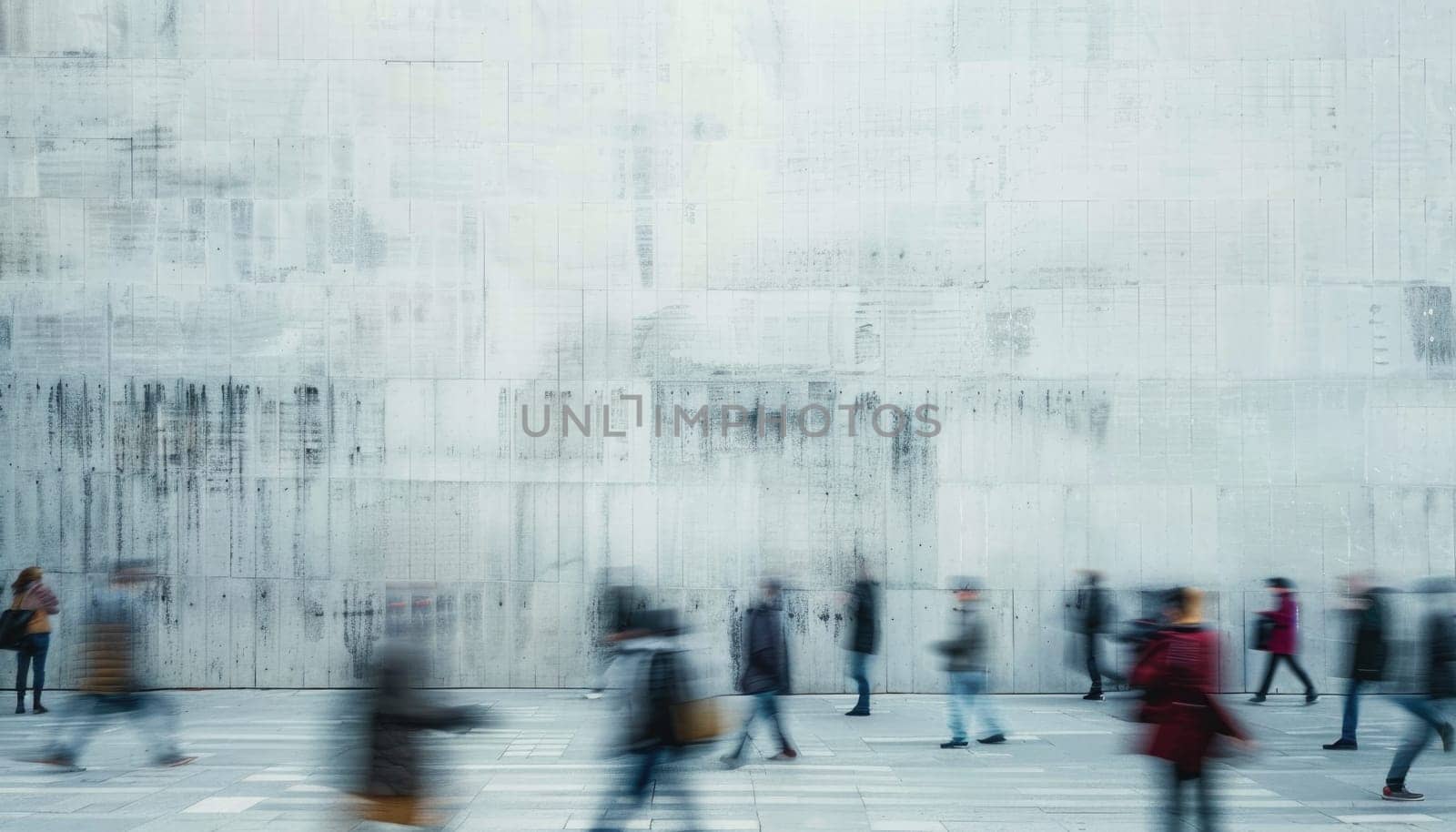 A group of people walking down a sidewalk in front of a wall by AI generated image by wichayada