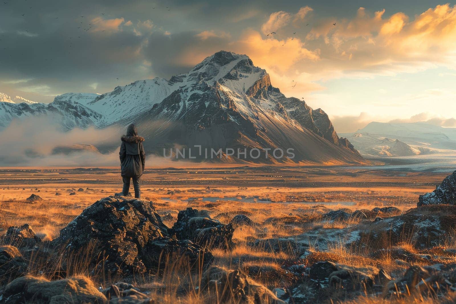 A mountain range with a river running through it. The mountains are covered in snow and the river is frozen. The scene is serene and peaceful, with the snow-covered mountains