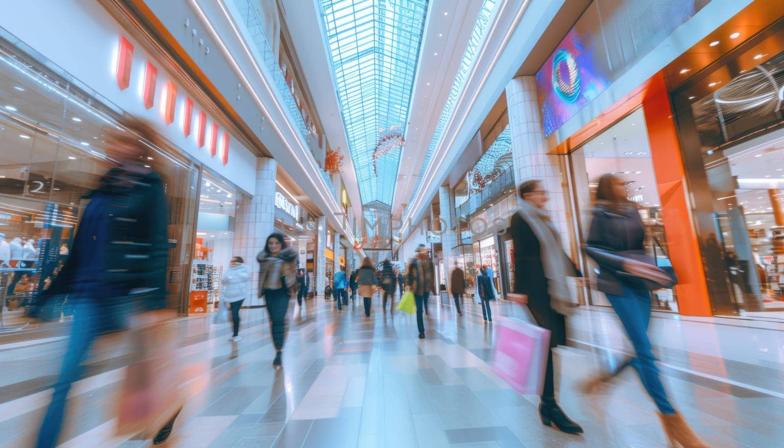 A busy shopping mall with people walking around and carrying shopping bags by AI generated image by wichayada