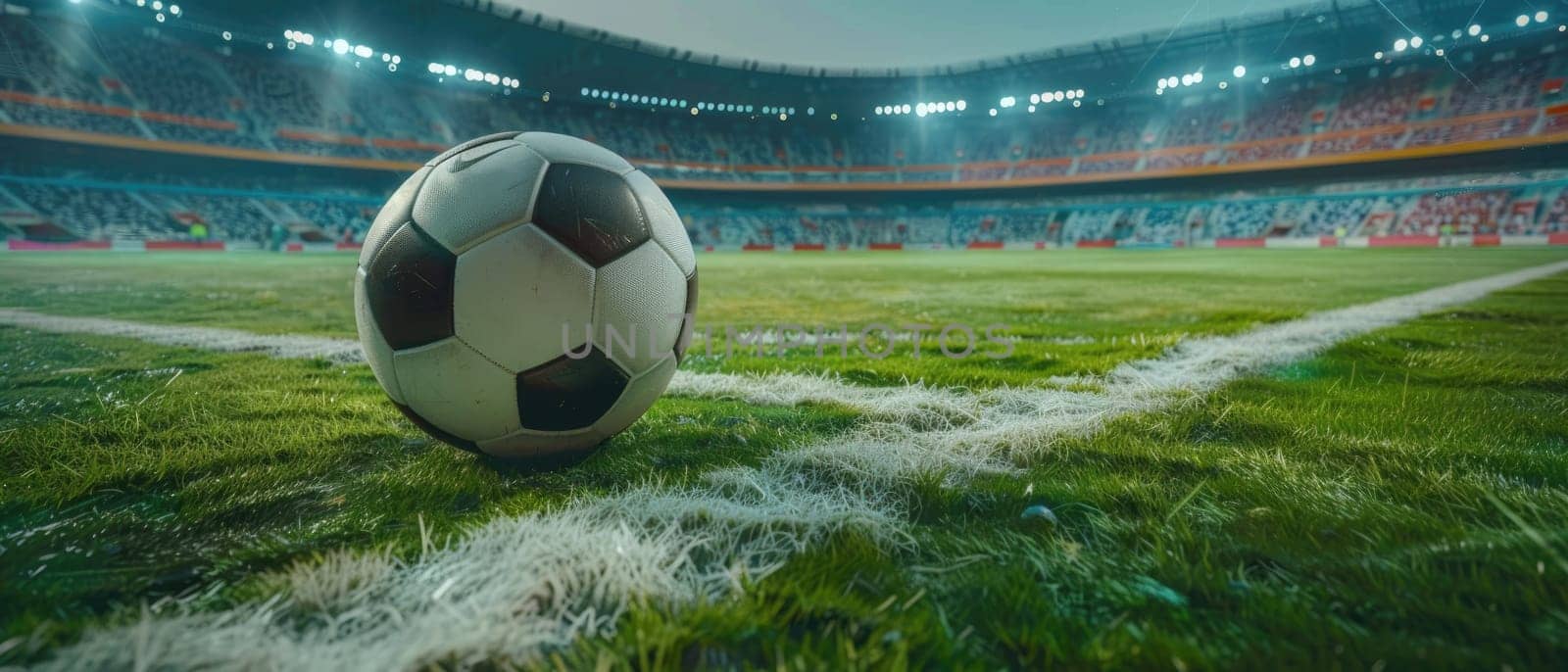 A soccer ball is on the field in front of a stadium by AI generated image by wichayada