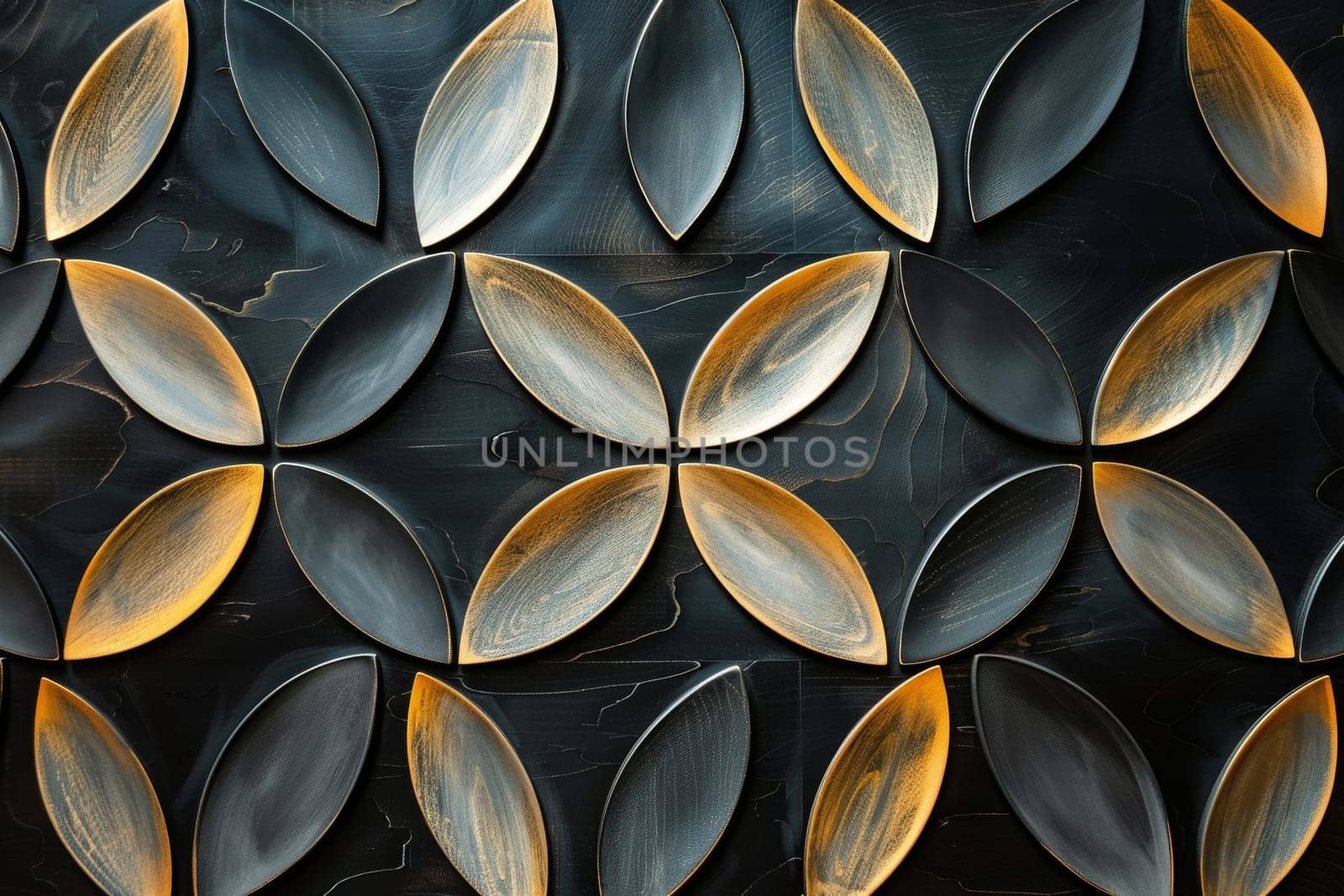A black and gold design of flower shapes. The design is made up of various shapes and sizes, with some of the shapes being larger than others. The overall effect is a visually striking