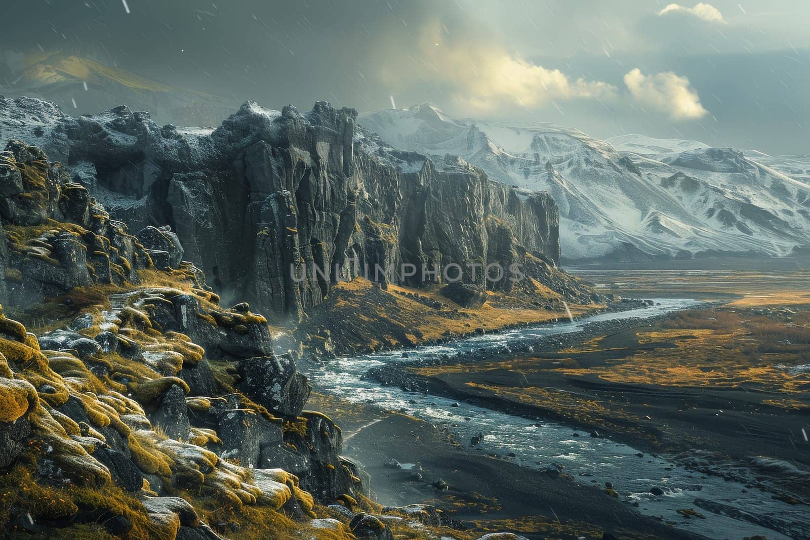 A mountain range with a river running through it. The mountains are covered in snow and the river is frozen. The scene is serene and peaceful, with the snow-covered mountains