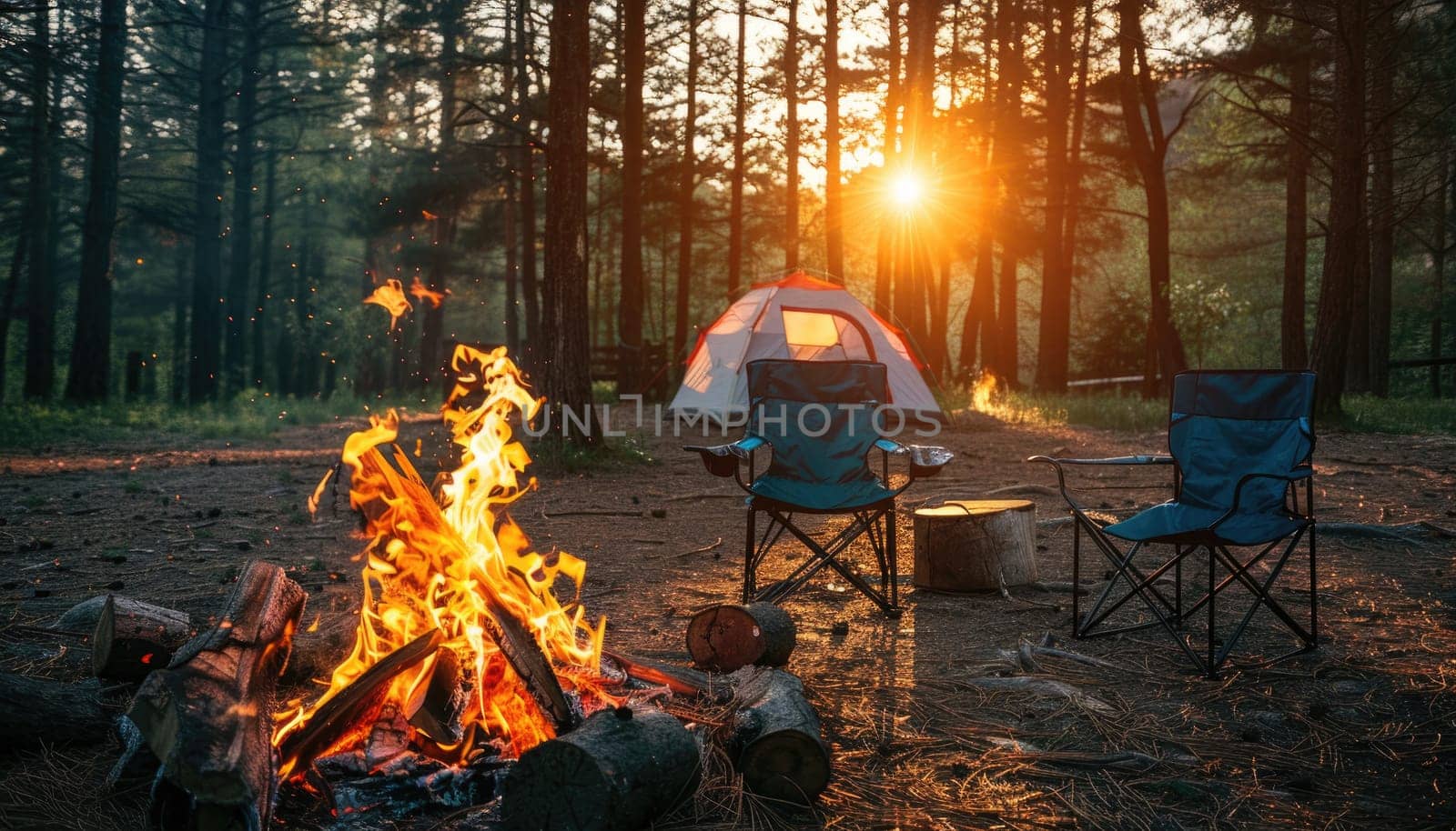 A campsite with a fire and two blue chairs by AI generated image.