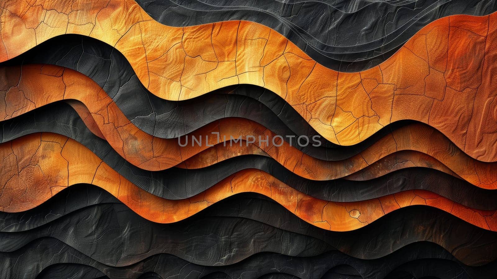 A series of orange and black waves with a fiery orange background. The waves are made of a material that looks like it's made of sand or some kind of textured paint. Scene is intense and dramatic