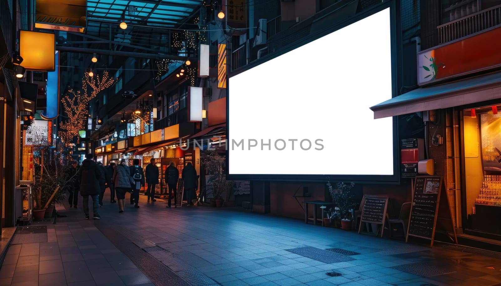 A large white billboard sits on a wet sidewalk in a city by AI generated image.