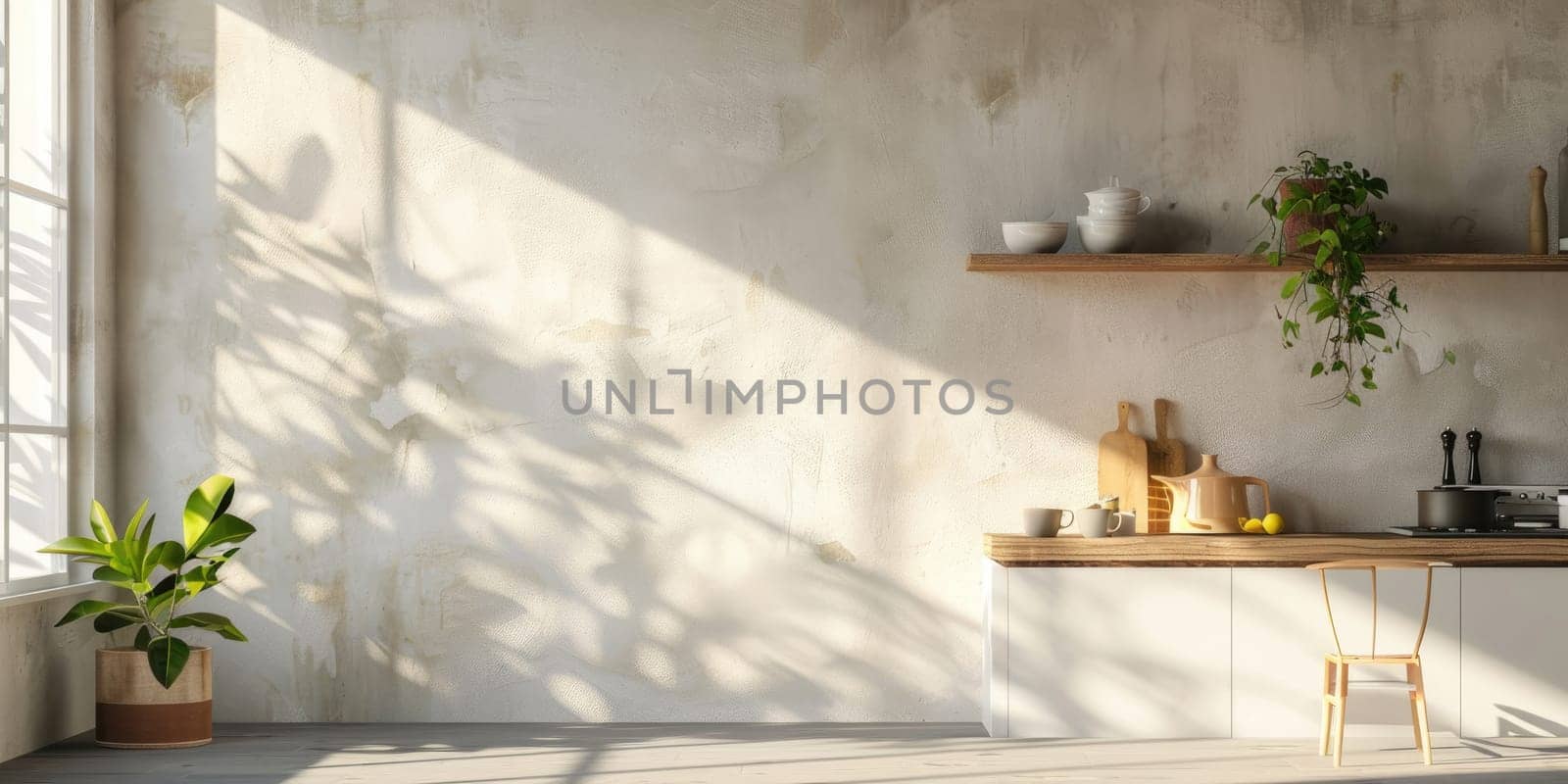 A large kitchen with white cabinets and a wooden counter by AI generated image by wichayada