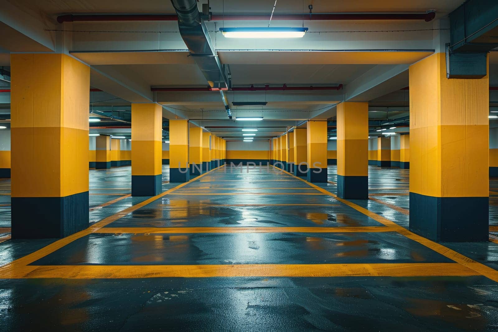 A parking garage with yellow and black stripes on the walls by AI generated image.