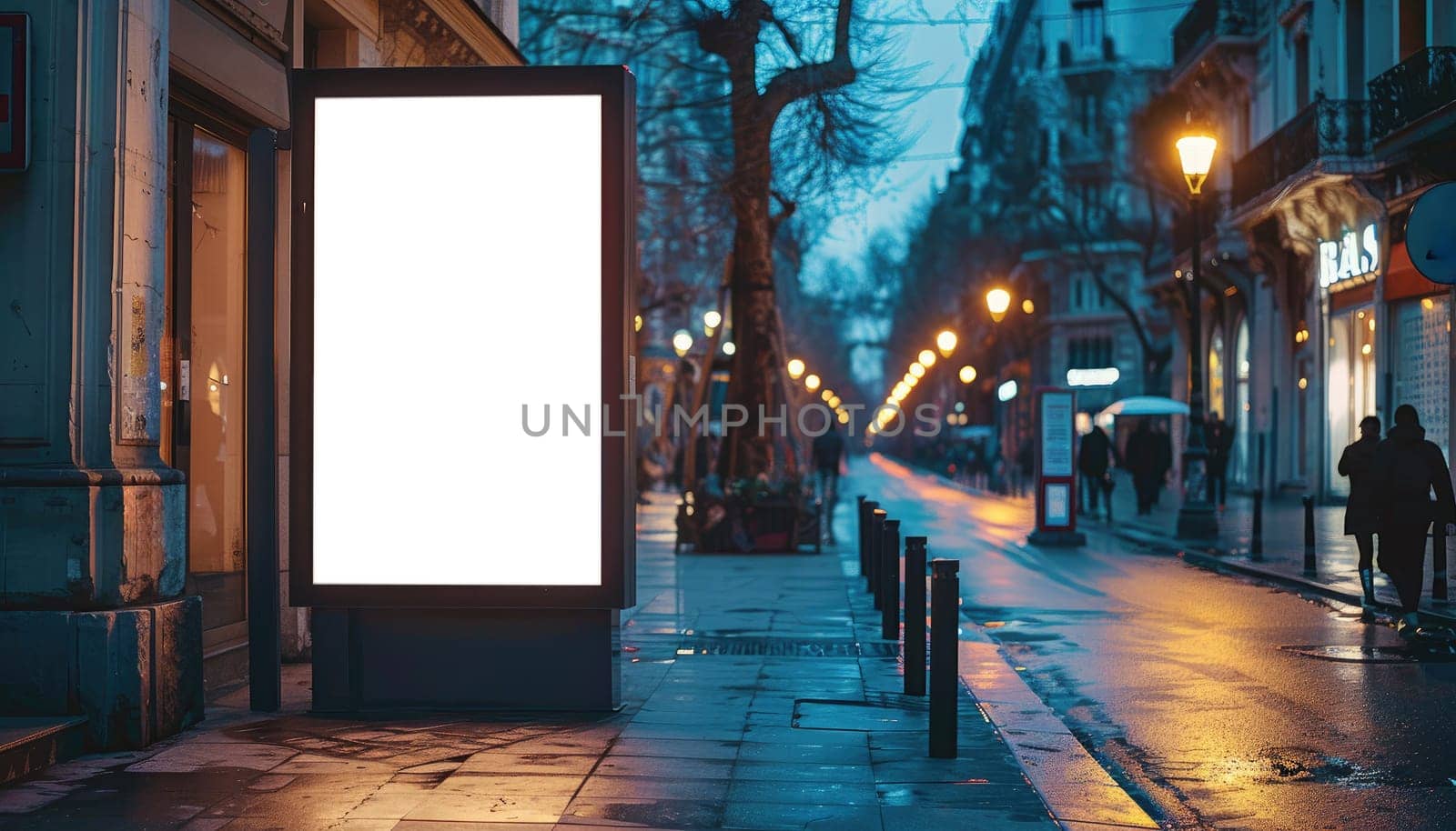 A large white billboard sits on a wet sidewalk in a city by AI generated image.