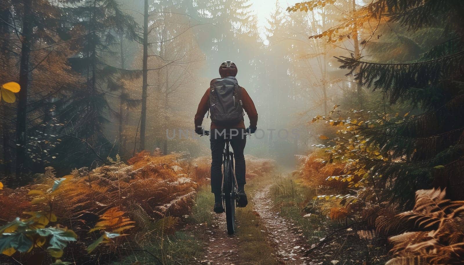 A man is riding a bicycle down a path in the woods by AI generated image.