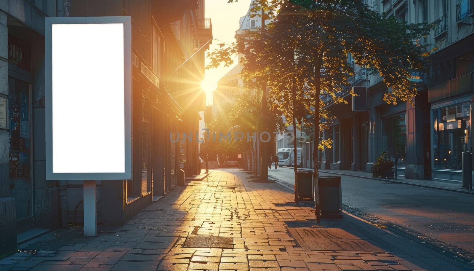 A large white billboard sits on a wet sidewalk in a city by AI generated image.