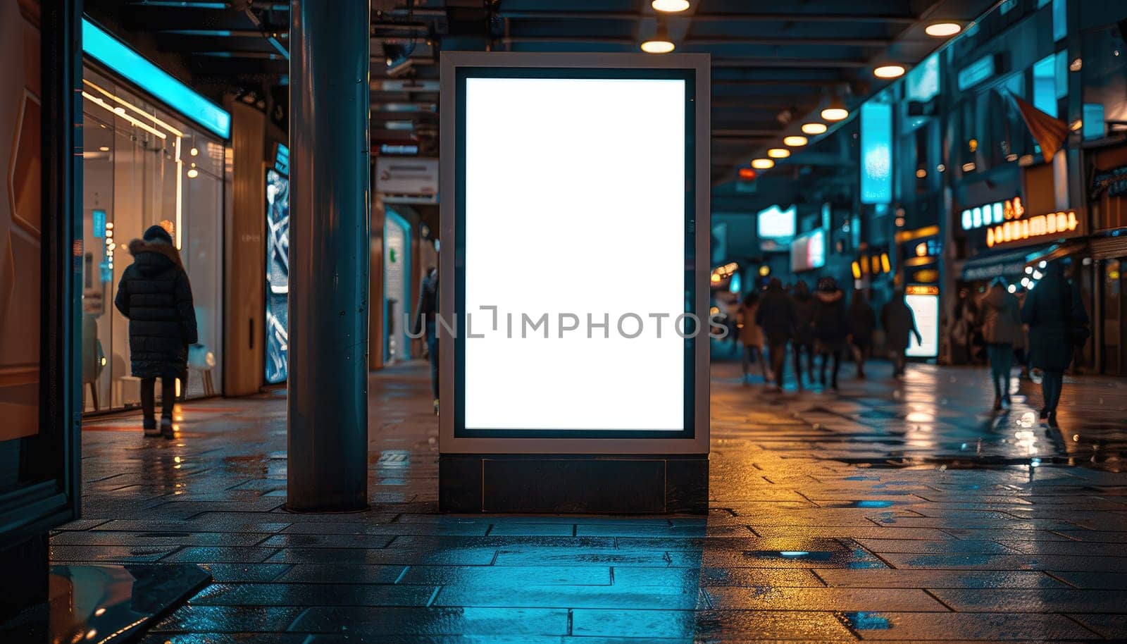 A large white billboard sits on a wet sidewalk in a city by AI generated image by wichayada