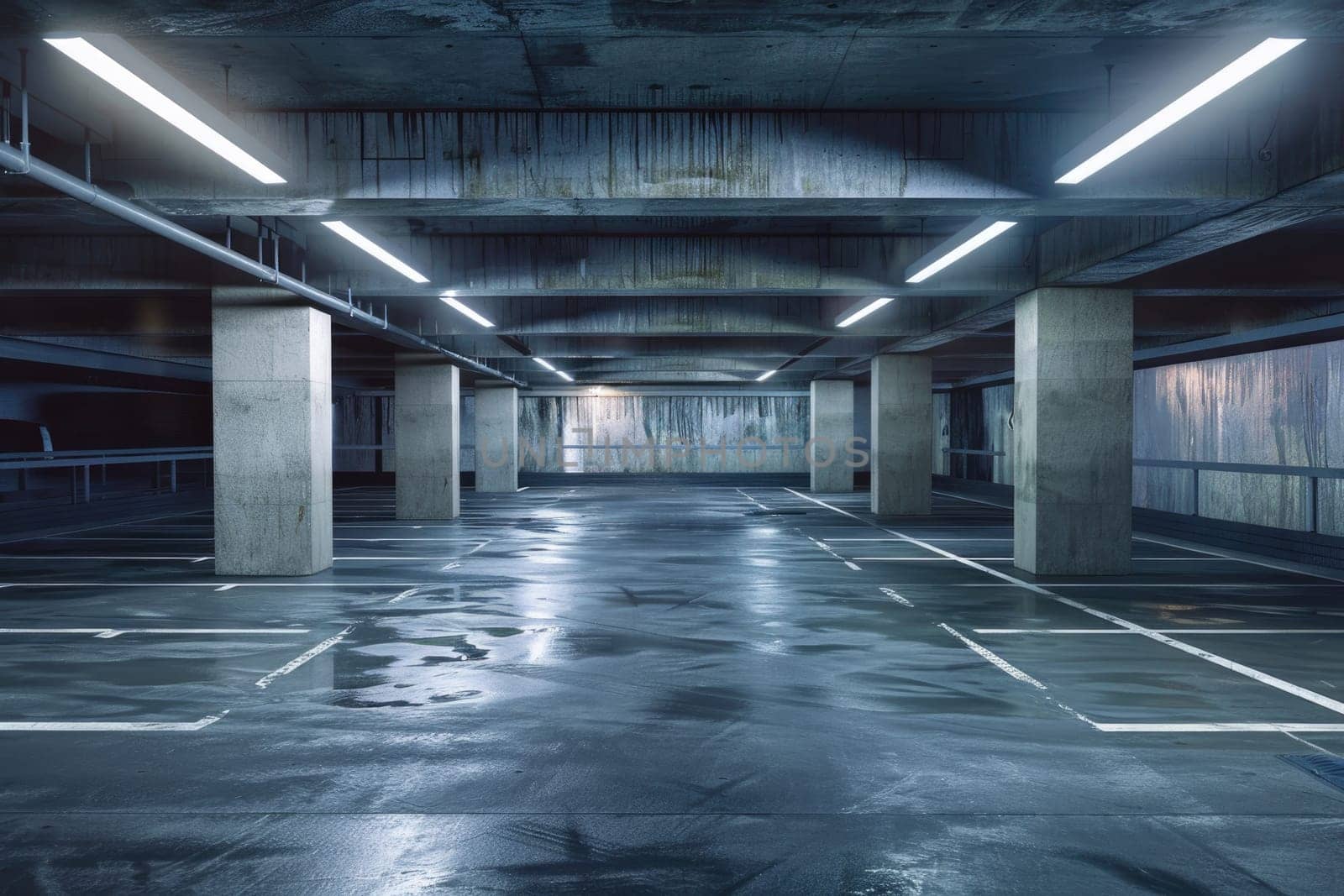 A parking garage with a lot of empty spaces by AI generated image.