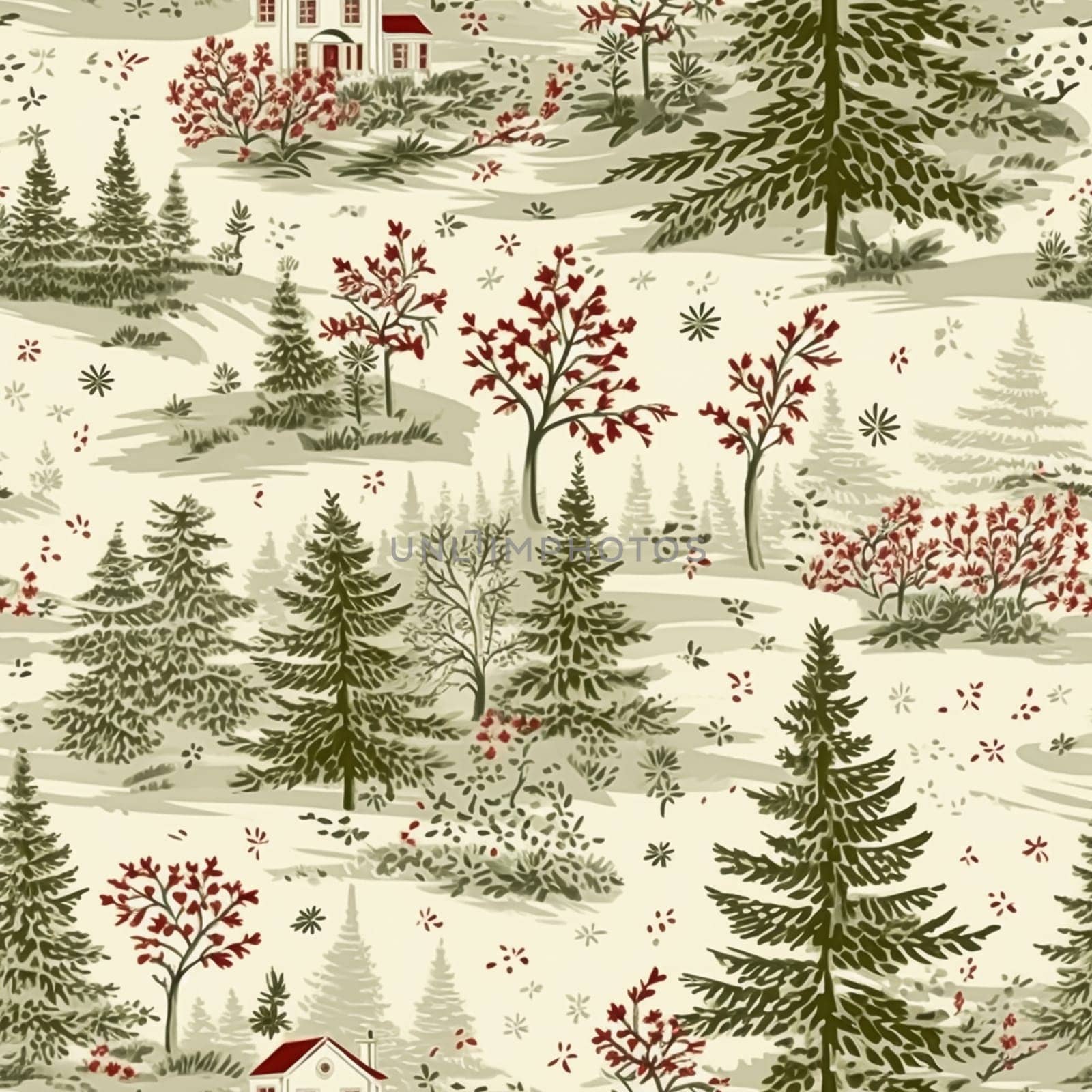 Seamless pattern, tileable holiday cottage in the forest country print, English countryside for wallpaper, wrapping paper, scrapbook, fabric and product design by Anneleven