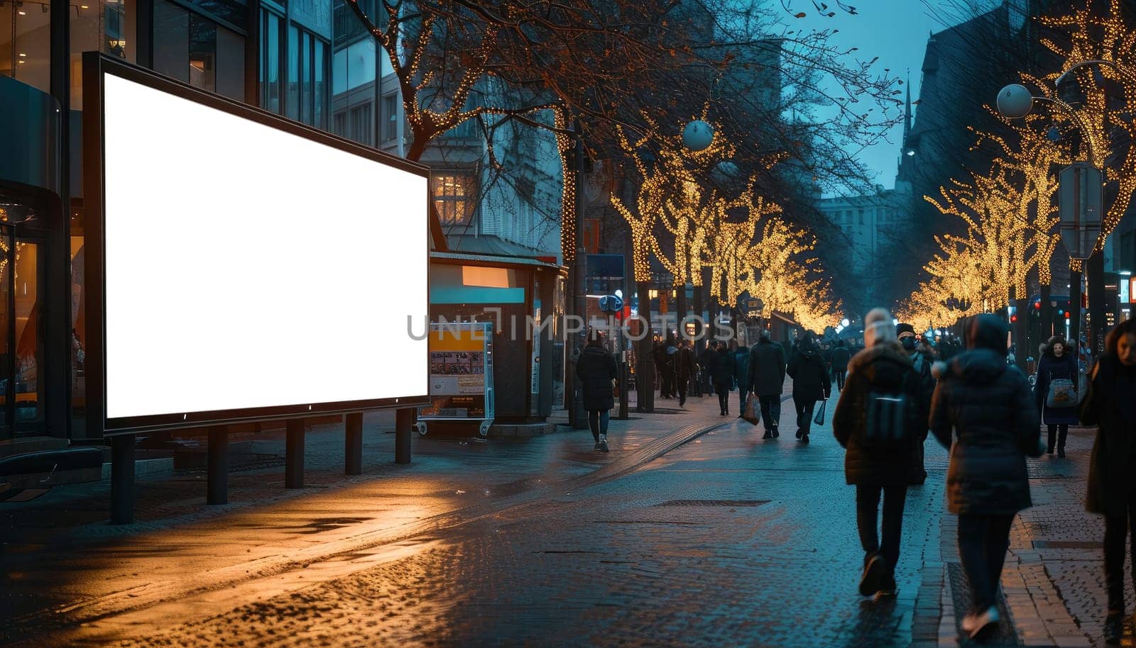 A large white billboard sits on a wet sidewalk in a city by AI generated image.