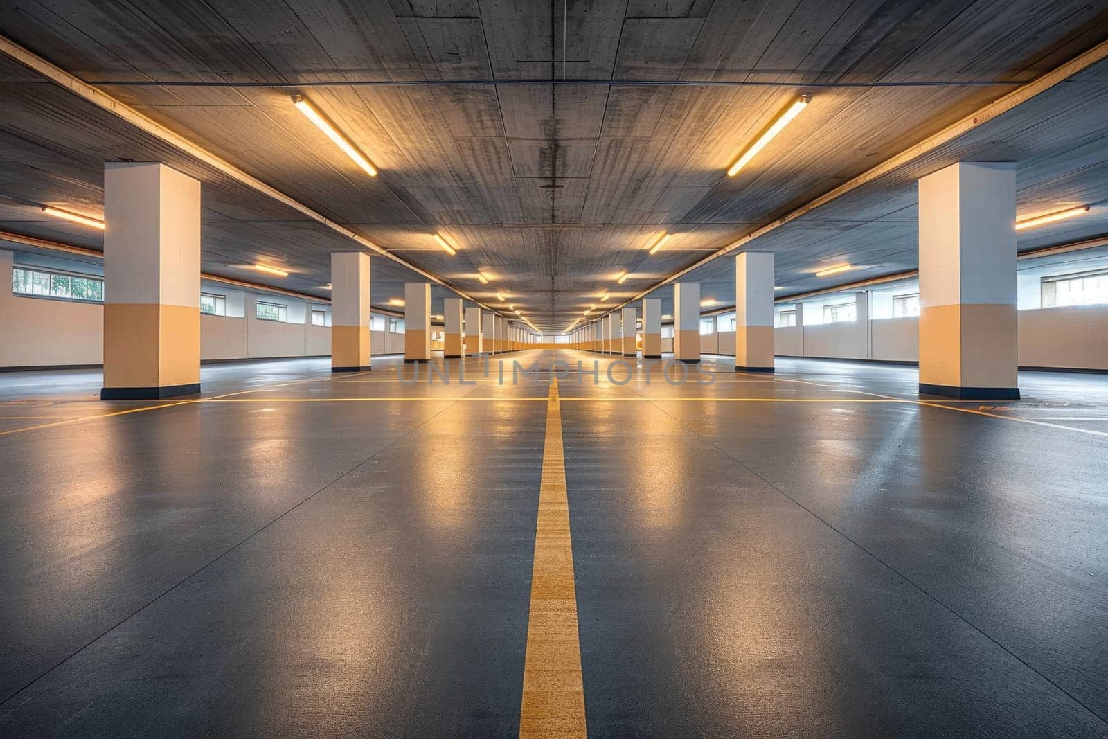 A parking garage with yellow and black stripes on the walls by AI generated image by wichayada