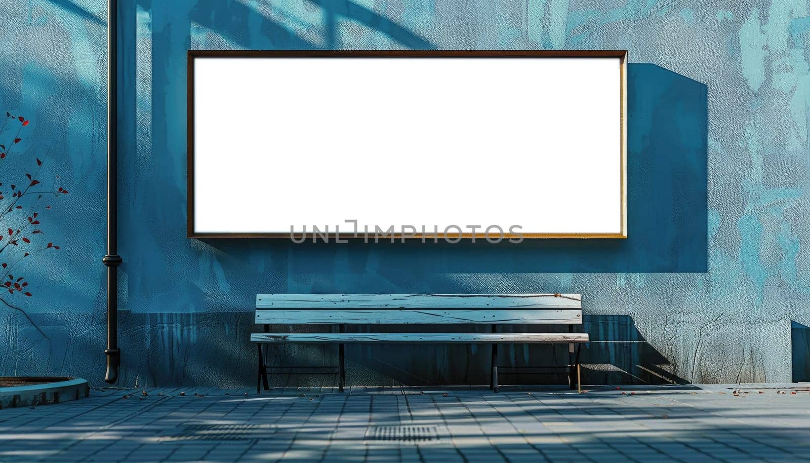 A large white billboard sits on a wet sidewalk in a city by AI generated image.